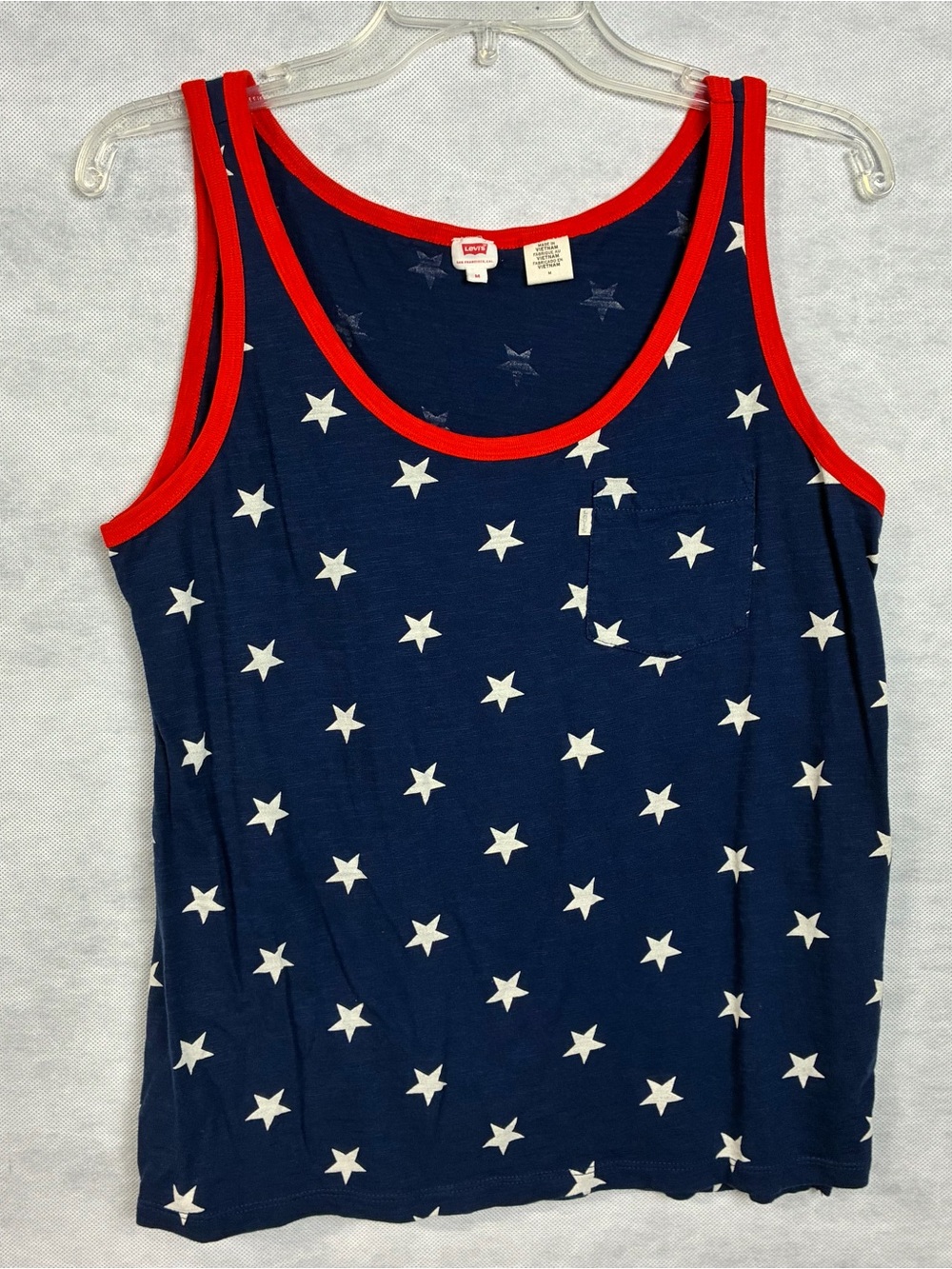 Levi's Star Print Tank Top Red Trim Pocket Navy Blue Patriotic Women's Medium